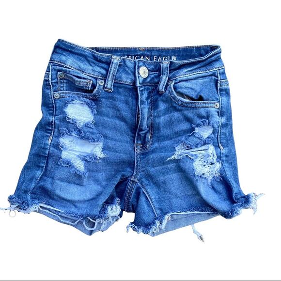 American Eagle Hi-Rise Shortie Distressed Stretch Blue Jean Shorts Size 0 - Picture 5 of 5